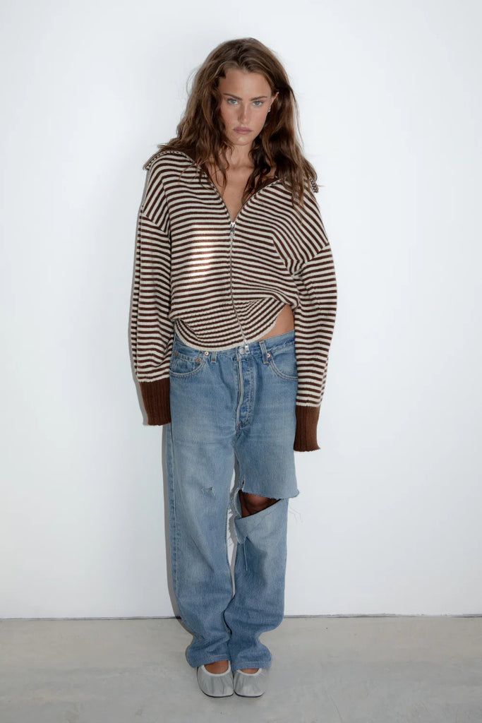 Pinky & Kamal - Fold Down Zipper Knit - Dark Brown/Cream Stripe