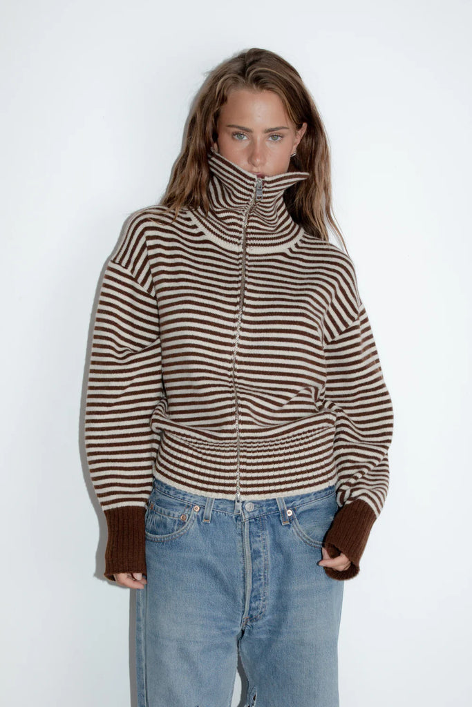 Pinky & Kamal - Fold Down Zipper Knit - Dark Brown/Cream Stripe