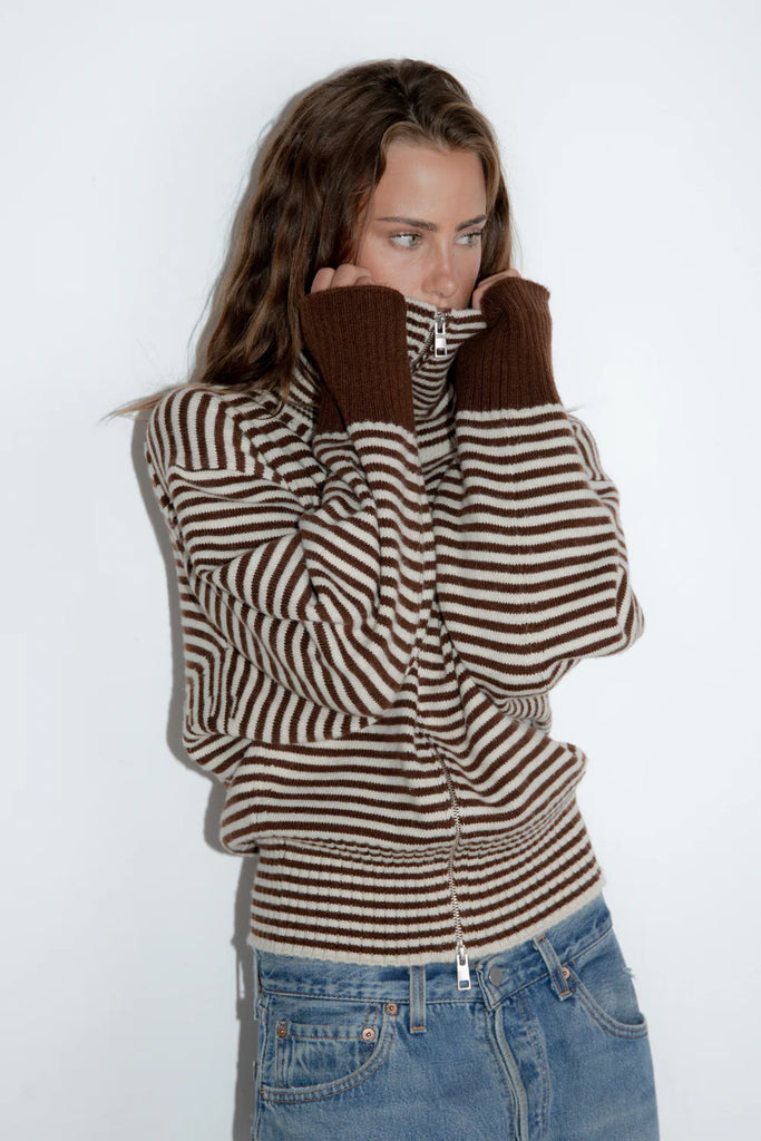 Pinky & Kamal - Fold Down Zipper Knit - Dark Brown/Cream Stripe