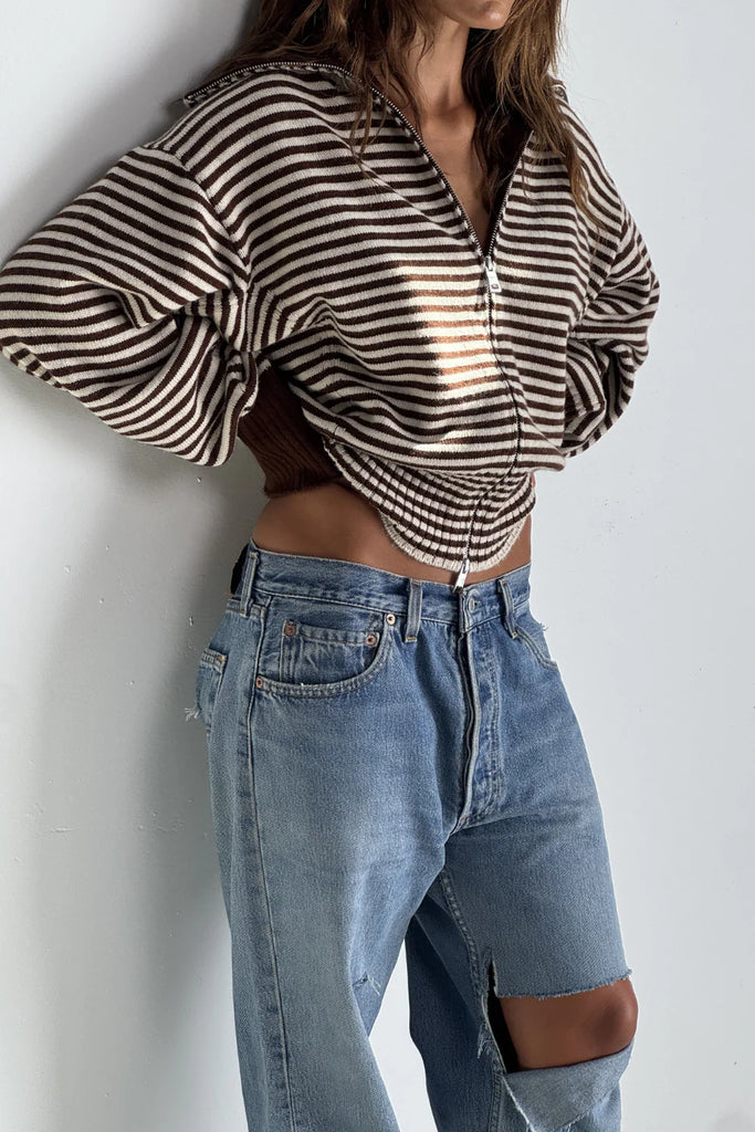 Pinky & Kamal - Fold Down Zipper Knit - Dark Brown/Cream Stripe