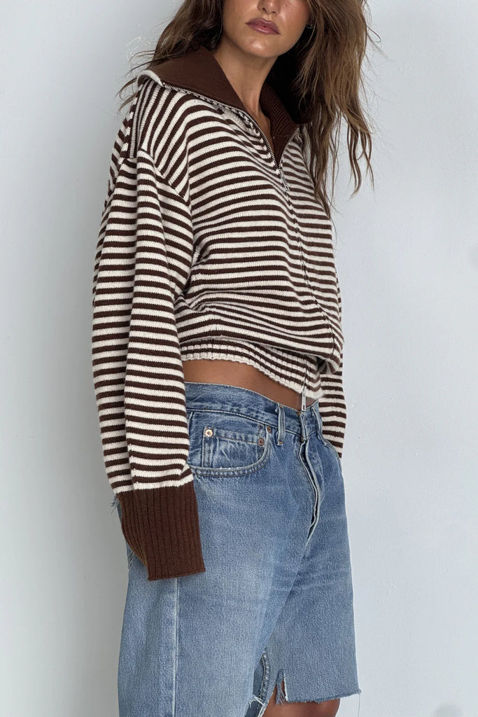 Pinky & Kamal - Fold Down Zipper Knit - Dark Brown/Cream Stripe