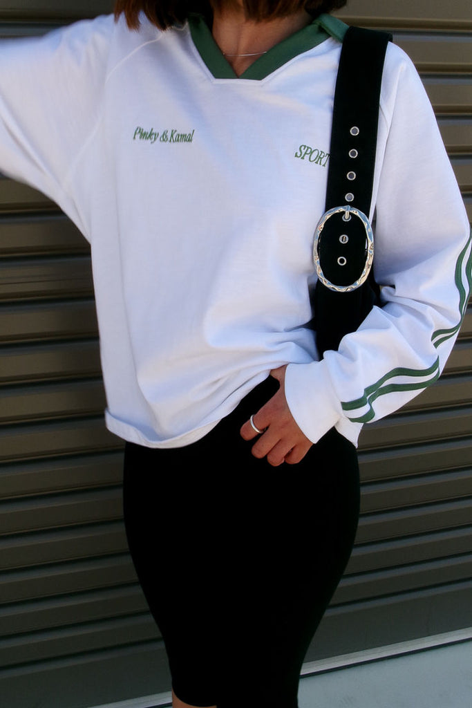 Pinky & Kamal-Long Sleeve Sport Jersey- White/ Green (Pre-Order)
