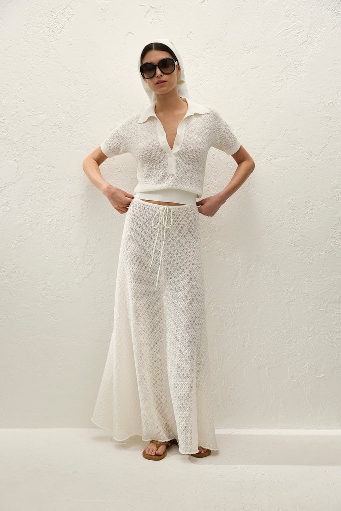 Faithful- Lenna Polo Top- Pointelle Lace- Vintage white