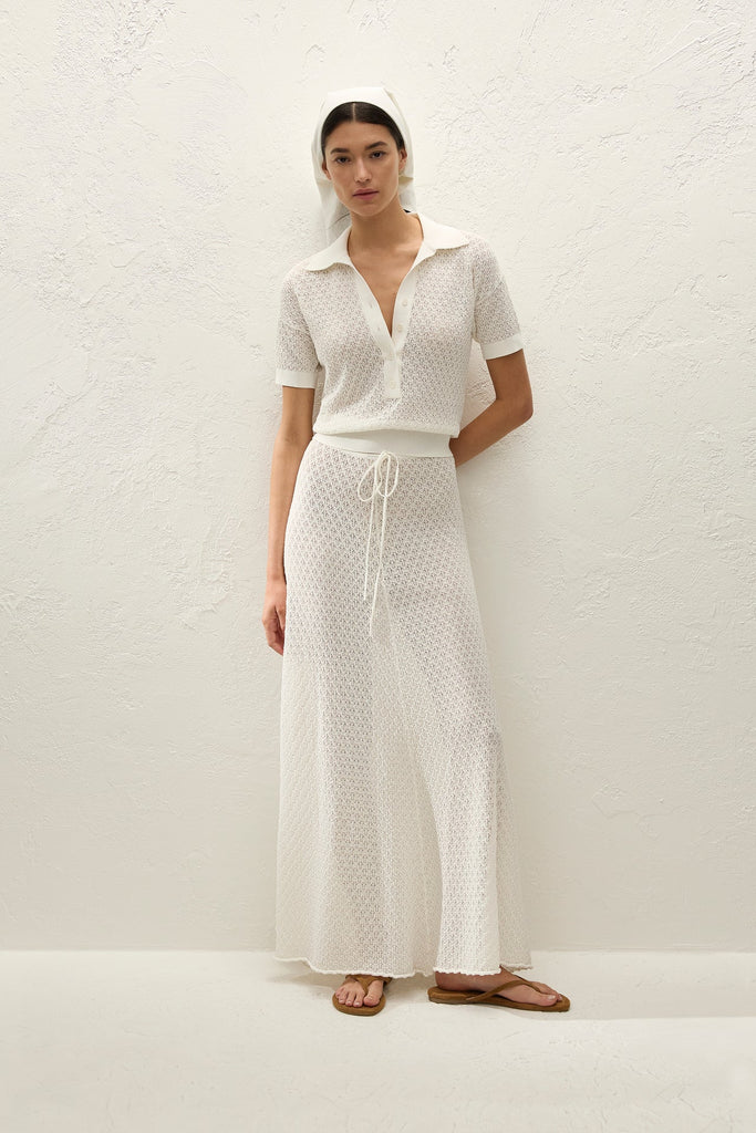 Faithful- Lenna Polo Top- Pointelle Lace- Vintage white
