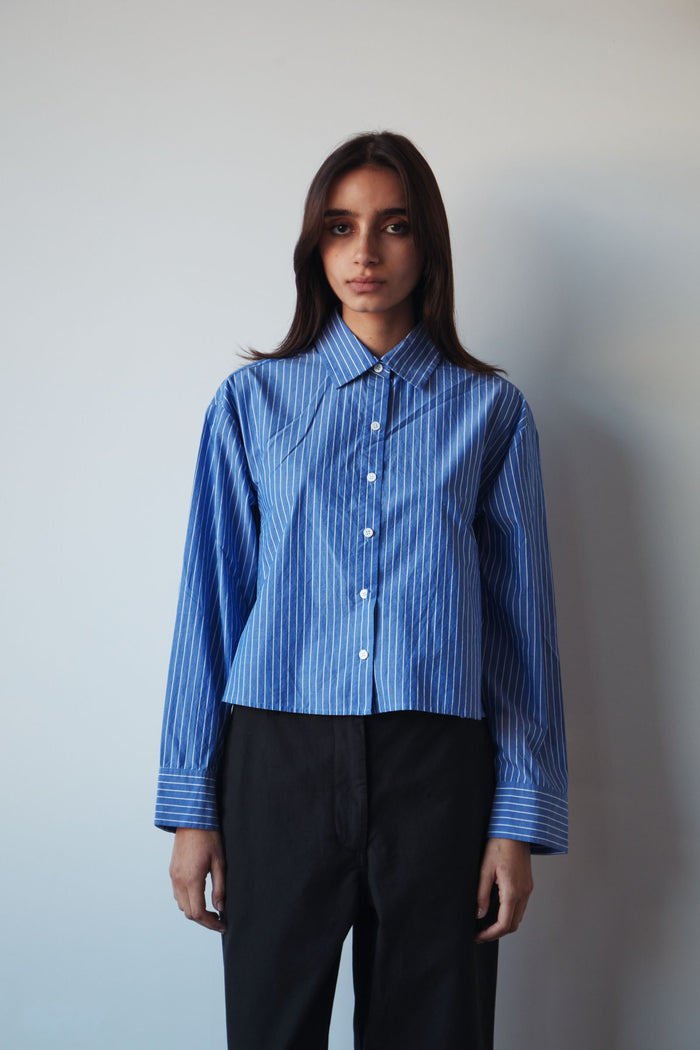 Assembly - Anais Stripe Cropped Shirt - Blue/White Stripe