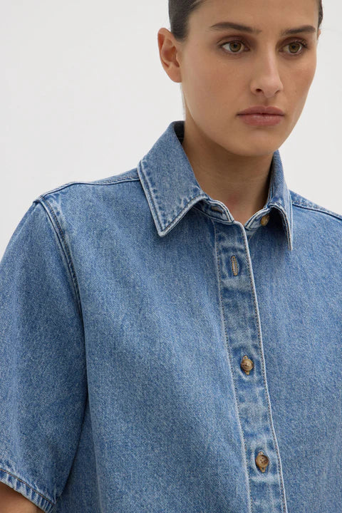 Assembly Label - Boxy Denim Short Sleeve Shirt - Dark Stone