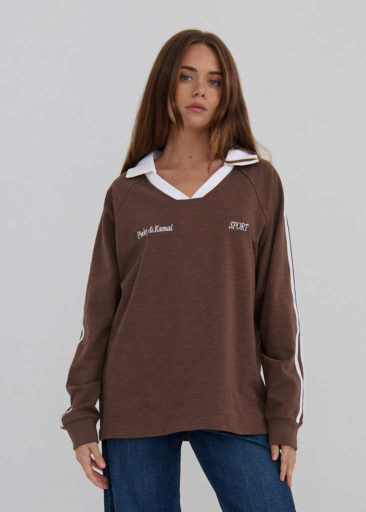 Pinky & Kamal- Long Sleeve Sport Jersey- Brown/ White (Pre-Order)