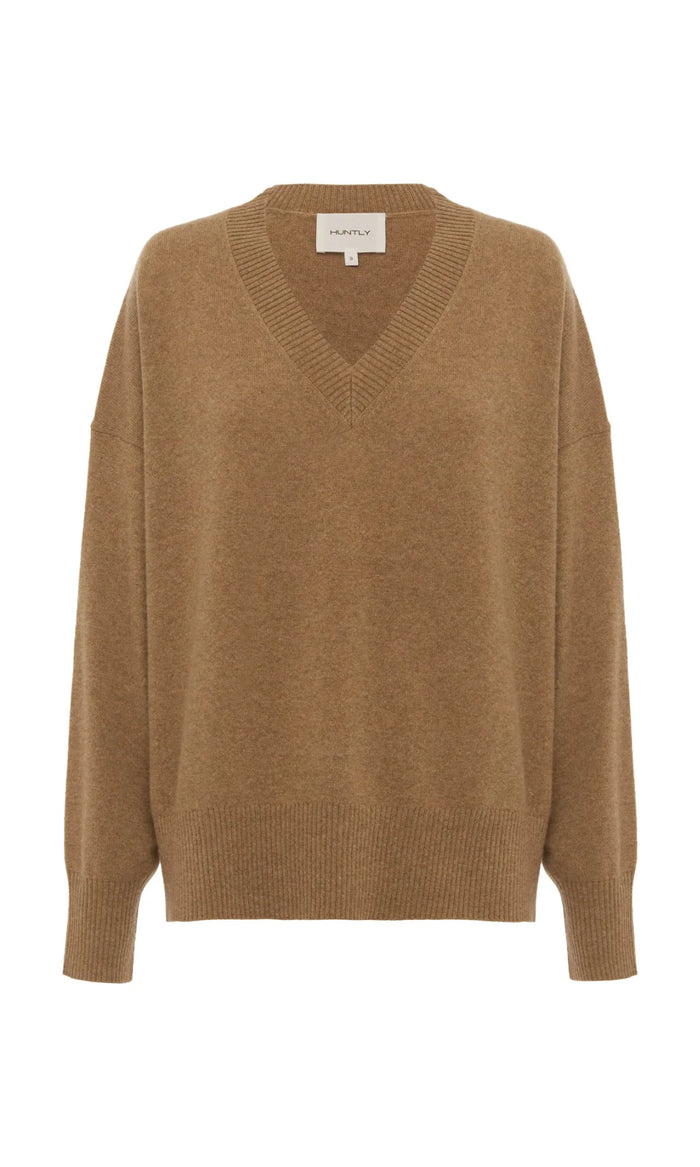 Huntly- Mabel V Neck Jumper- Biscuit