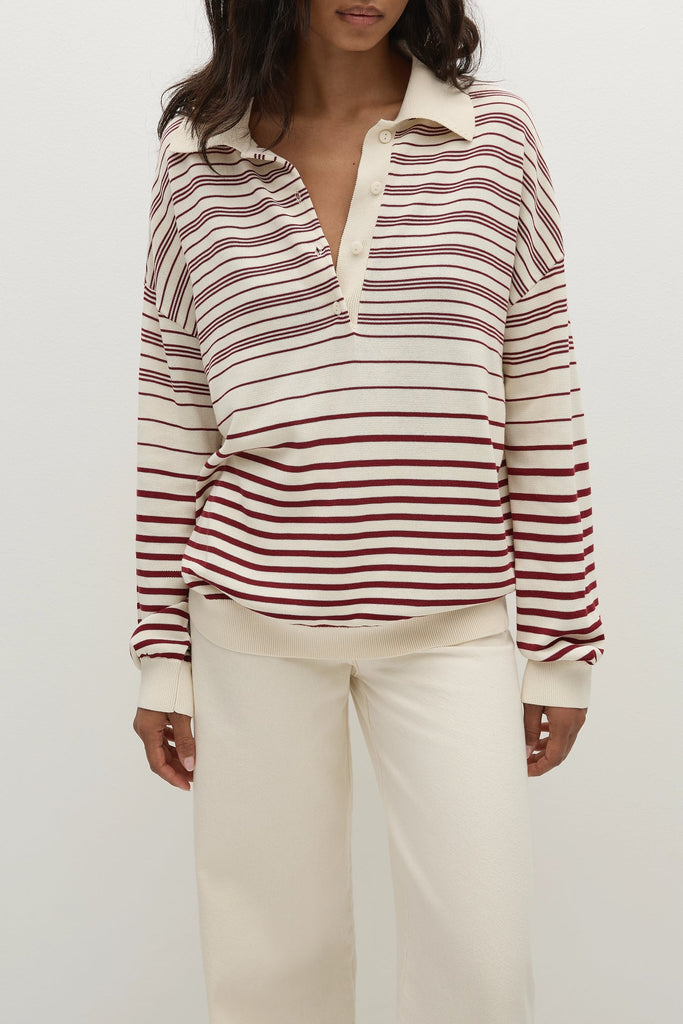 Faithfull The Brand - Harlow Oversized Polo Scandi Stripe Red Cream Knit